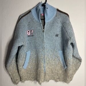 CHUU 2024 A/W Blue Wool‎ Zip Cardigan Sweater Distressed Patch Korea NWT 00